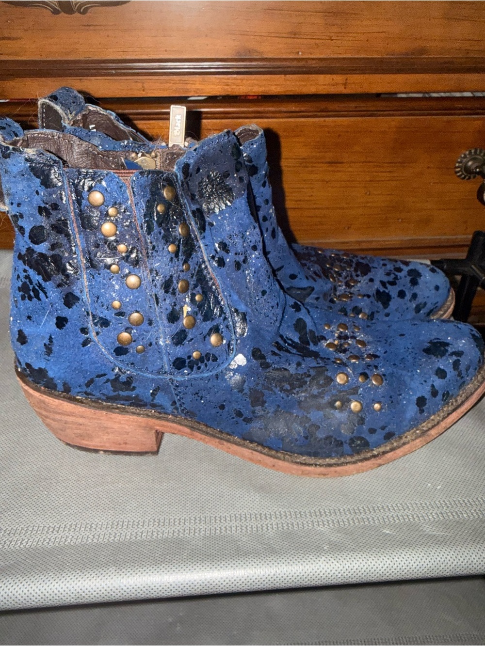Blue Suede Studded Western Ankle Boots - Women